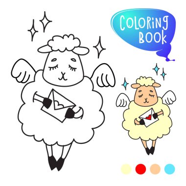 kanatlı koyun aşıklar günü bir zarf ile rüyada sinek. Boyama kitabı sayfası. Karikatür Vektör İllüstrasyon