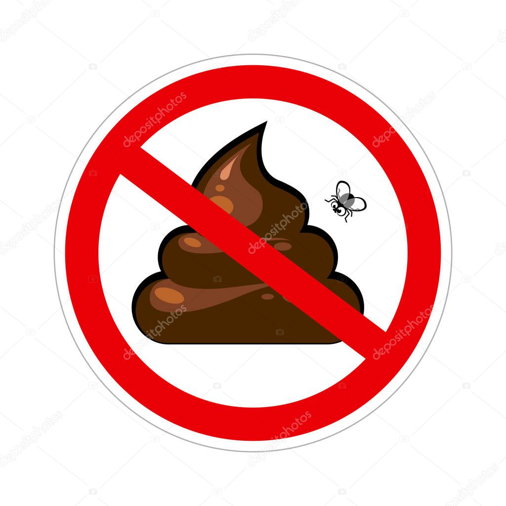 Prohibition sign with crossed poo, pile of shit with flies in red circle. No pooping symbol. vector illustration