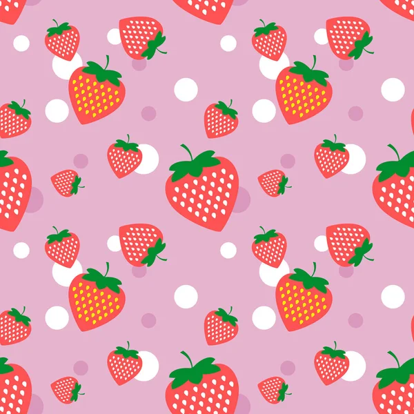 Hermoso fondo sin costuras con fresas rojas y círculos blancos sobre un fondo rosa. Vector — Vector de stock