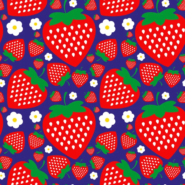 Patrón sin costuras con bayas de fresa roja y flores blancas sobre un fondo azul. Vector — Vector de stock