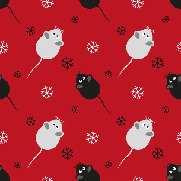 Patrón Navidad Sin Costuras Ratas Copos Nieve Sobre Fondo Rojo — Vector de stock