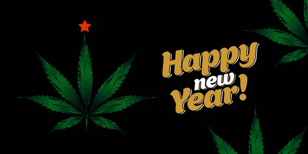 Bonne Année Avec Bannière Lettrage Feuille Verte Cannabis Avec Une — Image vectorielle