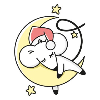 Bir peynir ayda uyuyan çizgi film faresi, sarı yıldızlar. Vektör çizimi