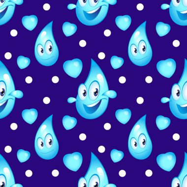 Mavi bir arka plan üzerinde su ve kalpleri karikatür damla ile Dikişsiz desen. Vektör çizimi
