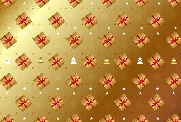 新年のシンボルからのクリスマスの背景と金の背景に赤いリボンと金の箱 クリスマスパッケージのデザイン ベクトルイラスト — ストックベクタ