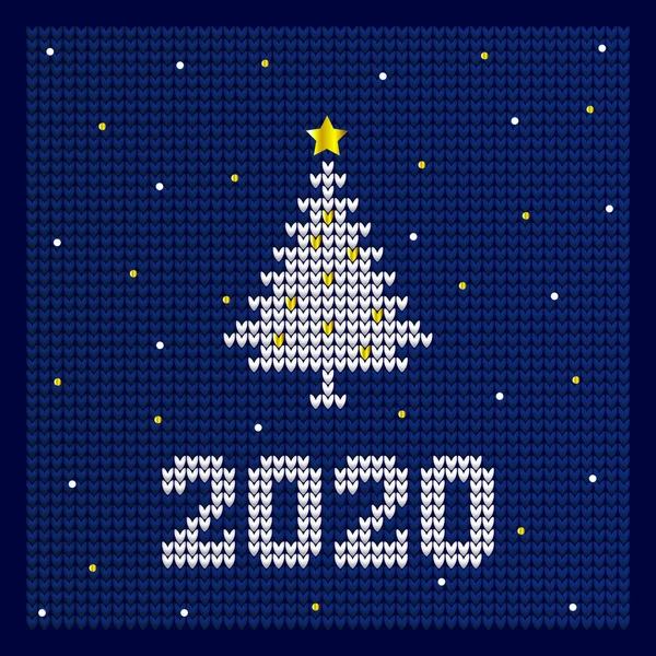 ニットセーターパターンのクリスマスカード 青い背景に居心地の良い新年のバナーデザイン クリスマスニットクリスマスツリーベクトルイラスト 2020 — ストックベクタ