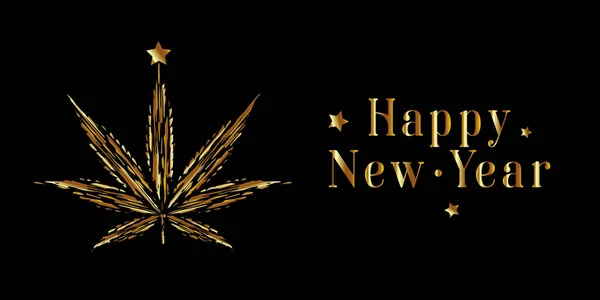 Festive Banner Lettering Happy New Year Golden Cannabis Star Black — Stock Vector