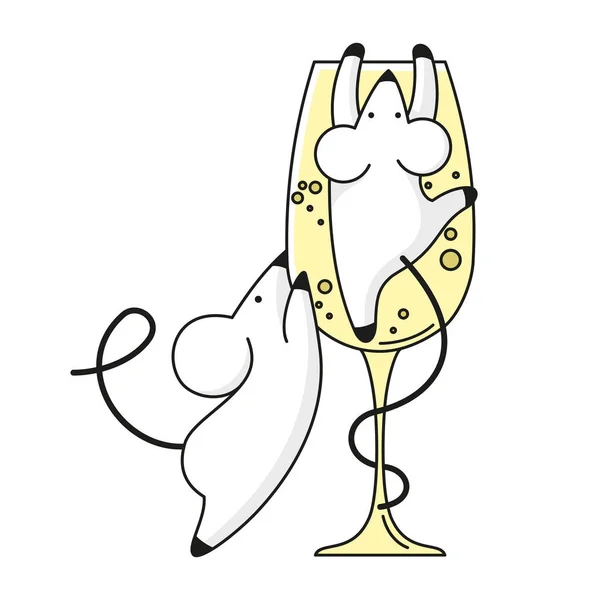 Bir kadeh şampanyanın üzerine tırmanan iki çizgi film faresi. 2020 sembolü. Vektör çizimi