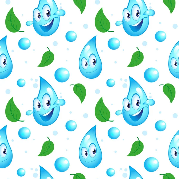 Naadloos Patroon Met Cartoon Druppel Water Groene Bladeren Vector Illustratie — Stockvector