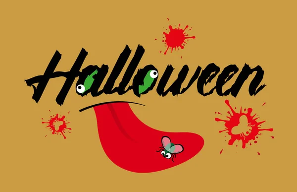 Halloween Banner Vector Illustration Red Tongue Eats Flies — Stock Vector