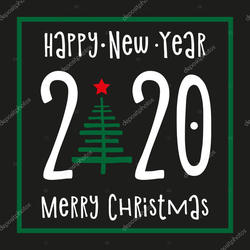 Square banner 2020 on a black background lettering Merry Christmas and Happy New Year. Template greeting card, brochure or banner. Vector illustration