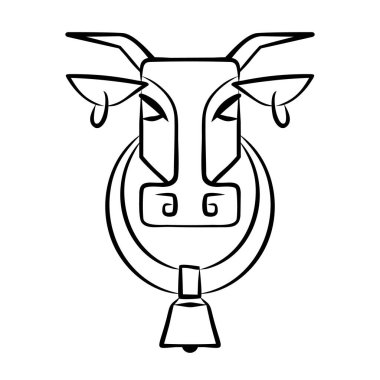Kulaklarında halkalar ve boynunda çan olan bir ineğin vektör görüntüsü. Logo. Beyaz arka planda izole edilmiş inek kafası. Soyut hayvan