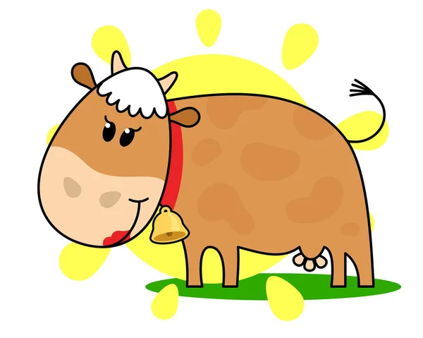 Cute Cow Meadow Background Summer Sun Cartoon Character White Background — Stock Vector