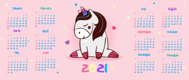 Takvim 2021. Pembe arka planda gözleri kapalı şirin tek boynuzlu atlar. Vektör illüstrasyonu