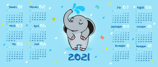 Calendario 2021 Carino Elefante Con Una Fontana Dal Tronco Uno — Vettoriale Stock