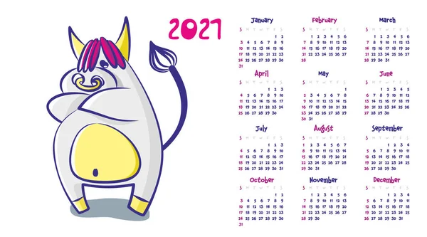 Calendario 2021 Toro Dibujos Animados Ofendió Cruzó Los Brazos Ilustración — Vector de stock