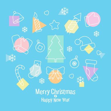 Mavi arka planda bir dizi Noel simgesi olan güzel bir tebrik kartı. Mutlu bir Noel ve mutlu bir yeni yıl ile kare pankart. Vektör, resimleme