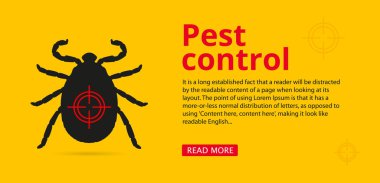 Haşere Kontrol web pankartı ve metin alanı. Sarı arka plandaki kene silueti. Bilgi broşürü, böcek kontrolü, park tedavisi. Vektör, resimleme