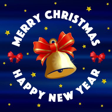 Güzel kartpostallar Mutlu Noeller ve mutlu yıllar. Kırmızı kurdeleli Noel çanı sarı yıldızlı mavi arka planda. Vektör, resimleme