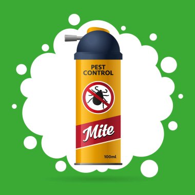 Böcek kontrolü için bir kutu aerosol. Haşere kontrolü. Sarı bir şişede itici sprey. Yeşil arka plan. Vektör illüstrasyonu