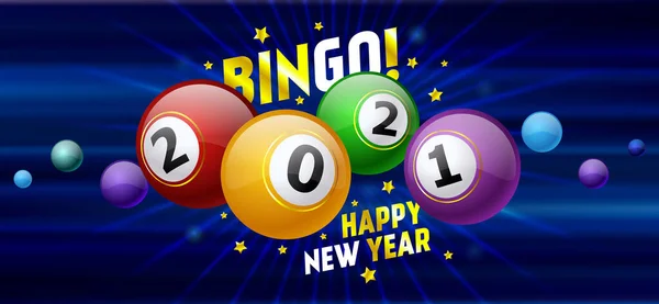 Bingo! Mavi arka planda 2021 numaralı bilardo topları. Tatil konsepti ve mutlu yıllar mesajı. Vektör illüstrasyonu