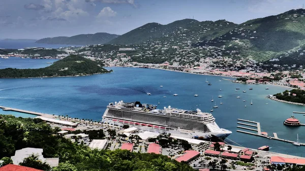 Cruise ships anchored in Charlotte Amalie,coastal town at the Saint Thomas, U.S. Virgin Islands, September 2017.