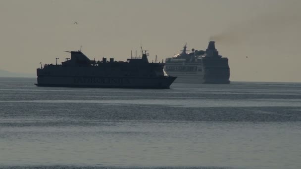 Iki Gemi Geçişi Birbirlerine Yanında Alacakaranlıkta Cruise — Stok video