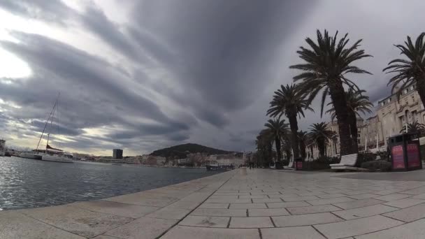 Turistler Palmiye Ağaçları Boyunca Split Waterfront Hırvatistan Ekim 2017 — Stok video