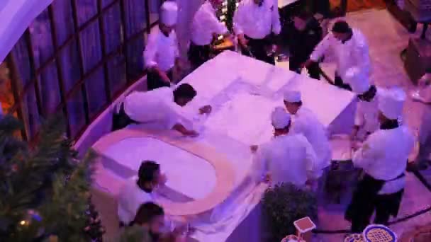 Group Chefs Make Huge Cake Celebrate Christmas New Year December — Stock Video