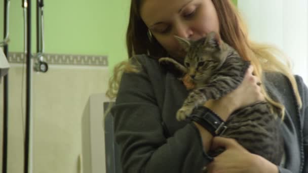 Genç Kadın Tutar Kucak Öpücük Ameliyattan Önce Onu Bir Kedi — Stok video