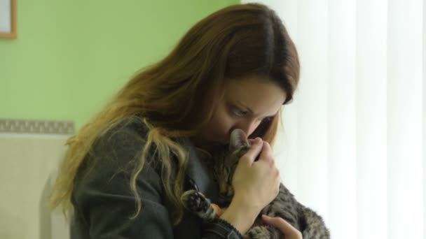 Young Woman Holds Hug Kisses Cat Her Arms Surgery — Stock Video