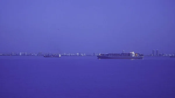 Panorama of cargo ships and Miami at night