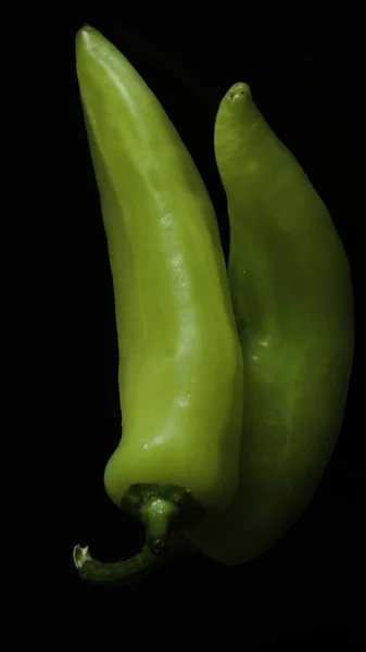 Two Fresh Green Peppers Black Background — Stock Photo, Image