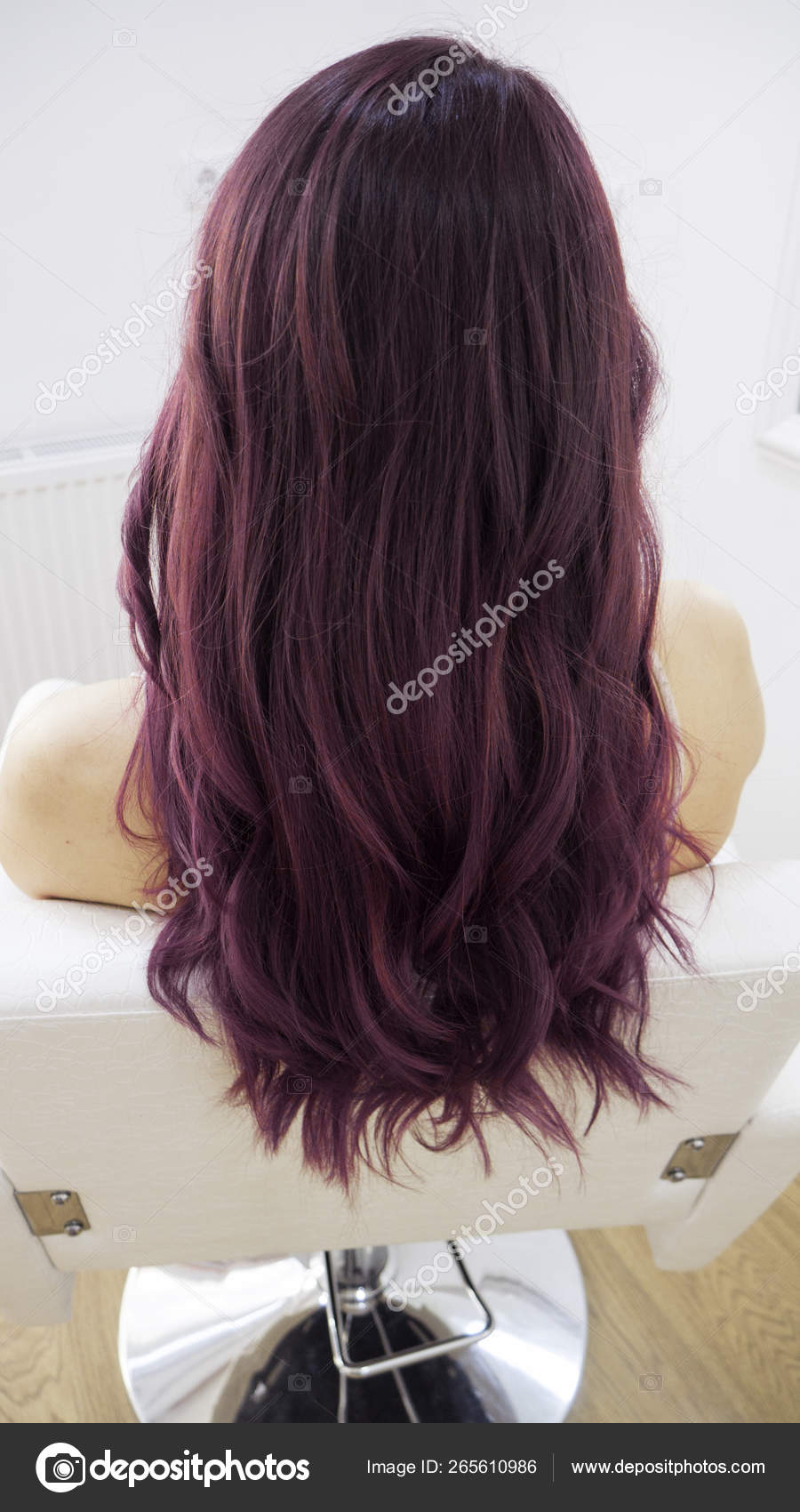 Long Healthy Purple Colored Hair Model Sits White Hairdressing