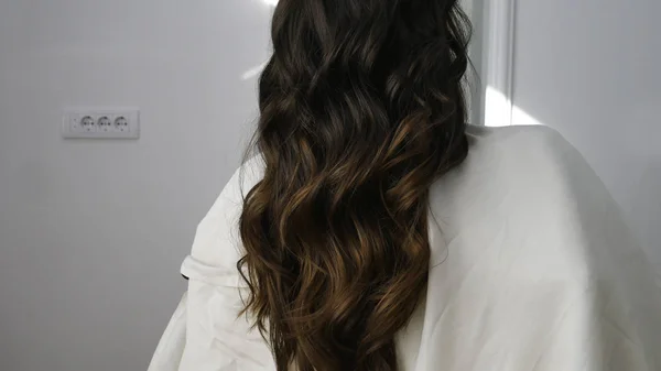 Long healthy Brown hair - The model sits in a hairdressing chair facing back. — Stock Image Long Healthy Brown Hair Model Sits Hairdressing Chair Facing Back Stock Picture