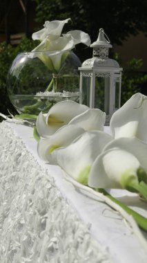 Kutlamalar için beyaz dekorasyon masası - Beyaz fener ve yuvarlak cam vazo içinde calla zambak
