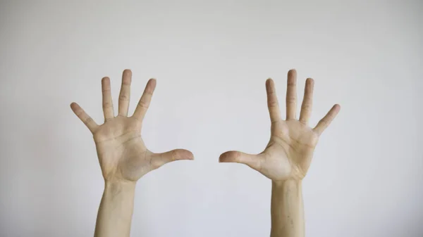 Hands Ten Fingers Women Raised Air White Background — Stock Photo, Image