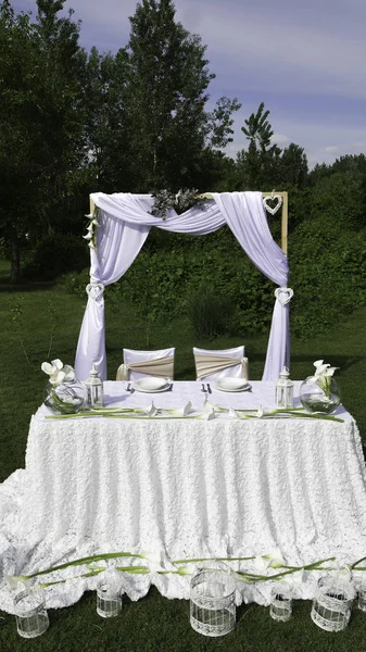 Decoração Branca Retrô Uma Mesa Casamento Natureza Verde — Fotografia de Stock