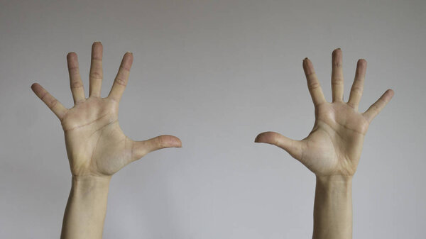 Hands and ten fingers of women raised up in the air on a white background