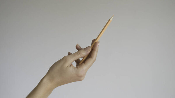  Рука женщины держит карандаш деревянного цвета на изолированном фоне - крупным планом
