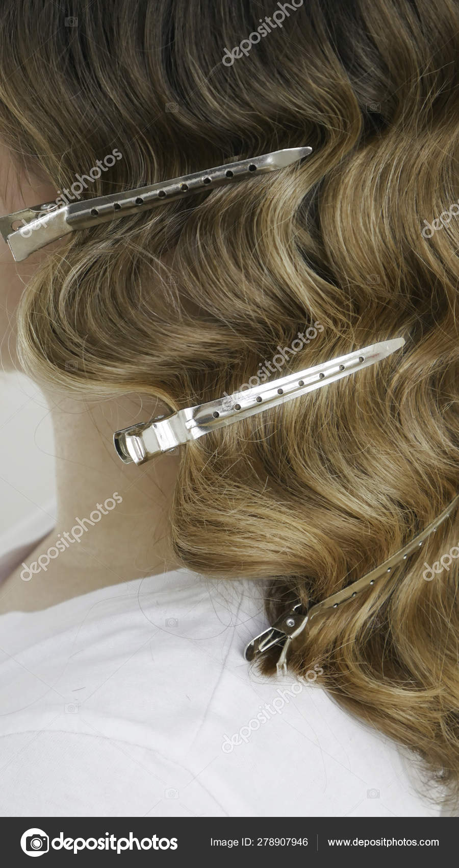 Silver Hairdressers Clips Wavy Hair Close Stock Photo C Nivcube
