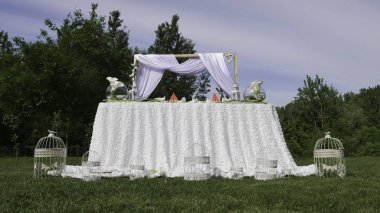 Yeşil doğada bir düğün masası retro beyaz dekorasyon