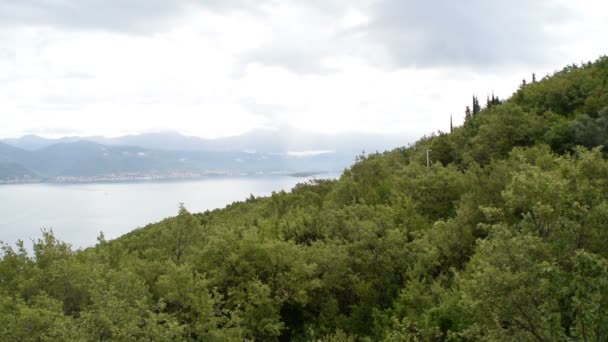 コトル湾 モンテネグロの雲と緑の森と湾を持つ山々 — ストック動画
