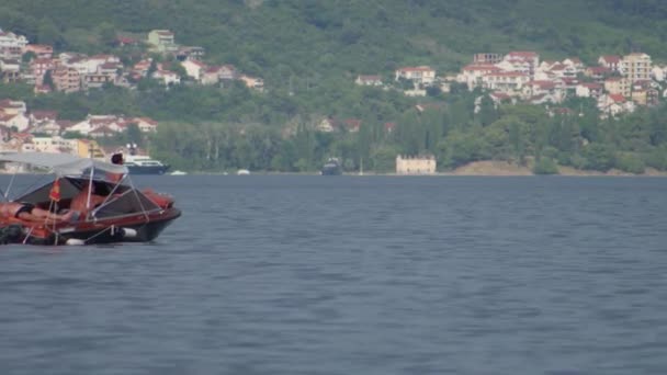 Pequeno Barco Vermelho Navegando Baía Kotor Agosto 2019 Baía Kotor — Vídeo de Stock