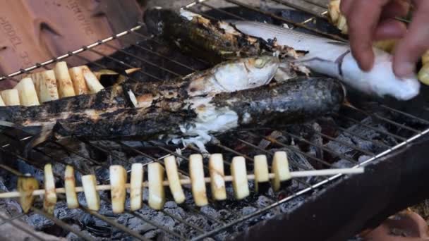 Cortar Berenjena Azul Pescado Parrilla Fuego Mano Hombre Pone Pescado — Vídeos de Stock