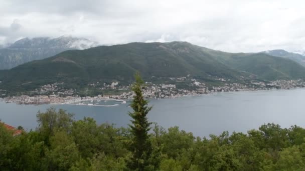 Pan Right Bay Kotor Mountains Green Forest Bay Montenegro Covered — стоковое видео