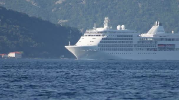 White Cruiseschip Zeilen Een Zonnige Dag Augustus 2019 Baai Van — Stockvideo
