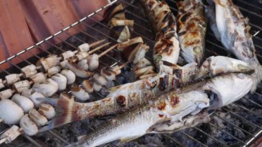 Izgara balık ve ızgara mantar