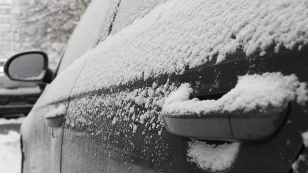 Ghiaccio Neve Sulla Maniglia Dell Auto Plastica Auto Sulla Strada — Foto Stock