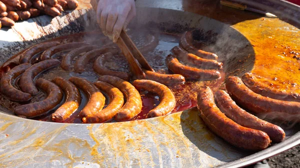 Roasting Sausages Frying Pan Full Oil — Stock Photo, Image